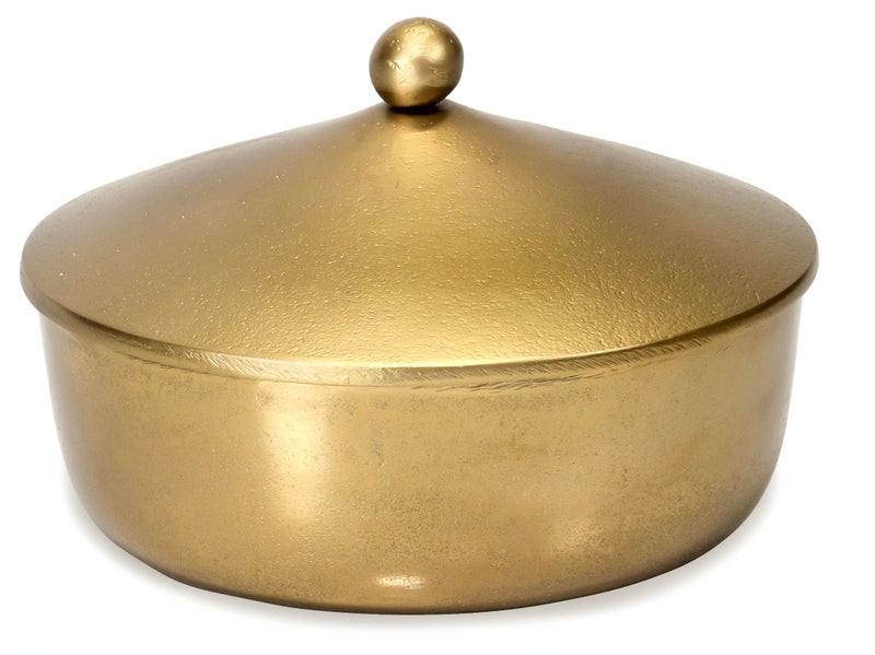 Red Co. 7â€ Dia Round Antique Decorative Textured Metal Bowl with Dome Knob Lid, Gold - Image 1