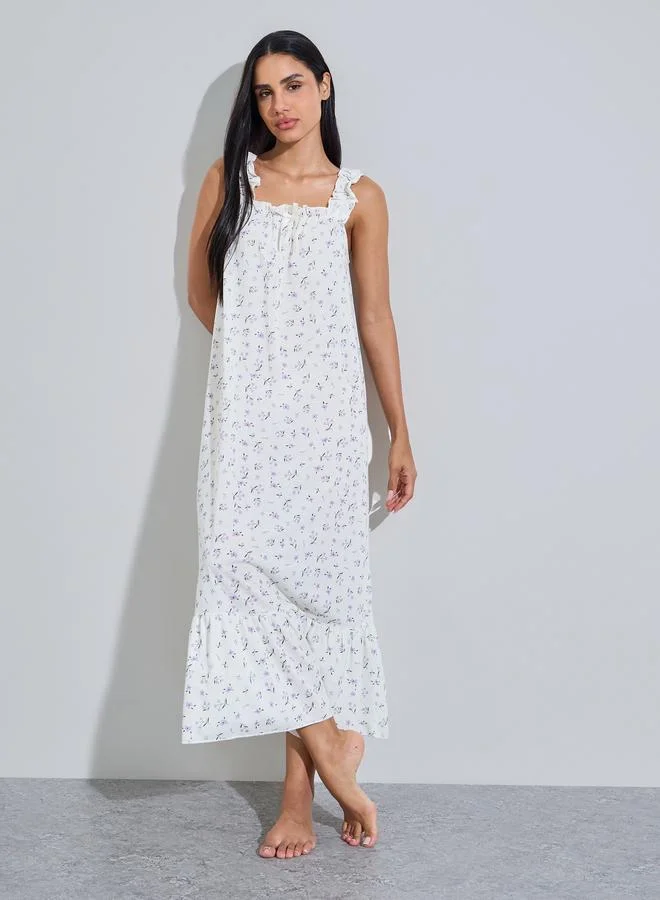 Styli Multi-Color Floral Print Ruffle Straps Maxi Nightdress