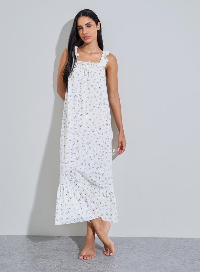 Styli Multi-Color Floral Print Ruffle Straps Maxi Nightdress - Image 1