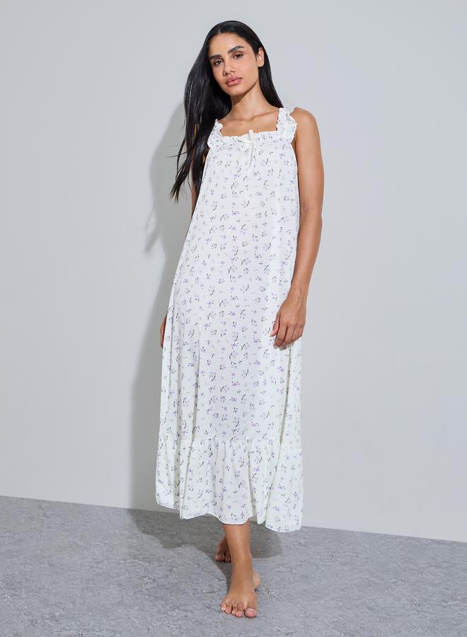 Styli Multi-Color Floral Print Ruffle Straps Maxi Nightdress - Image 3