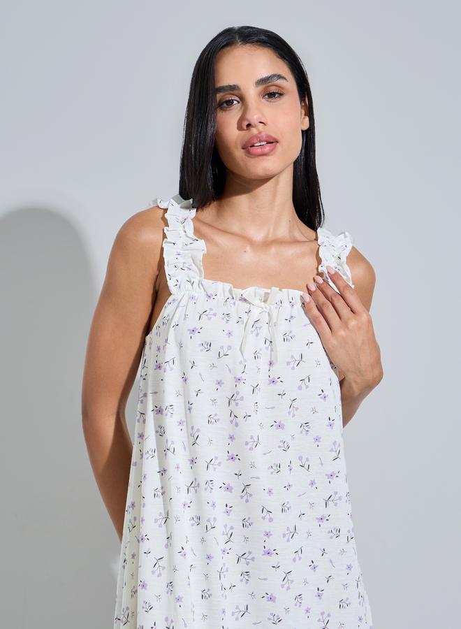 Styli Multi-Color Floral Print Ruffle Straps Maxi Nightdress - Image 2