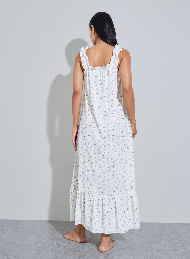 Styli Multi-Color Floral Print Ruffle Straps Maxi Nightdress - Image 5