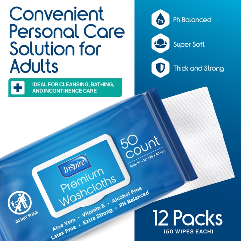 Inspire Adult Wet Wipes, Wash Cloths | Adult Wipes for Incontinence & Cleansing for Elderly, 8"x12" Count 12 packs of 50 - Image 2