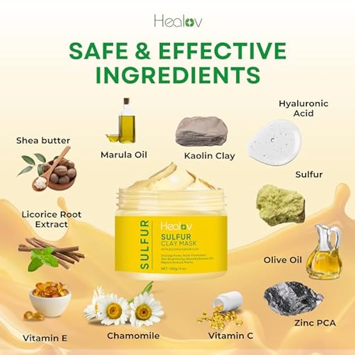 Healov Sulfur Face Mask – All Natural Sulfur Facial Clay Mask – Glowing Skincare For Acne, Spots, Oily Skin – Sulfur Acne Cream Absorbs Excess Oil and Unclogs Pores – Kaolin Mask Treatment - Image 5