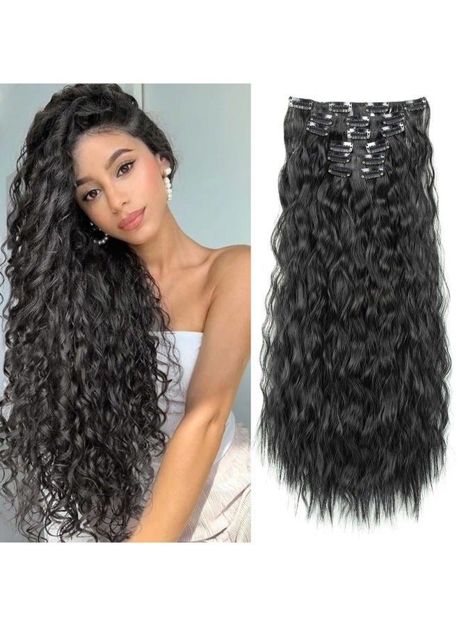 LONAI Clip In Hair Extensions,LONAI 6PCS 24" Black Hair Extensions Long Mermaid Waves Wavy Synthetic Clip On Hairpiece For Women（Black） - Image 1