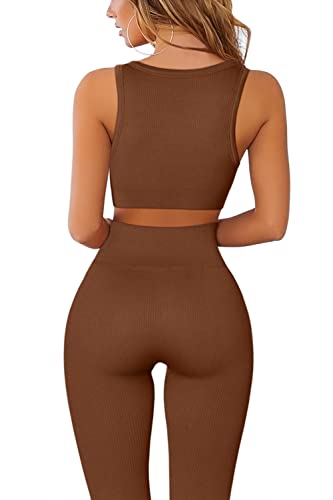 QINSEN Workout Outfits for Women 2 Piece Ribbed Seamless Crop Tank High Waist Yoga Leggings Sets Brown M - Image 2