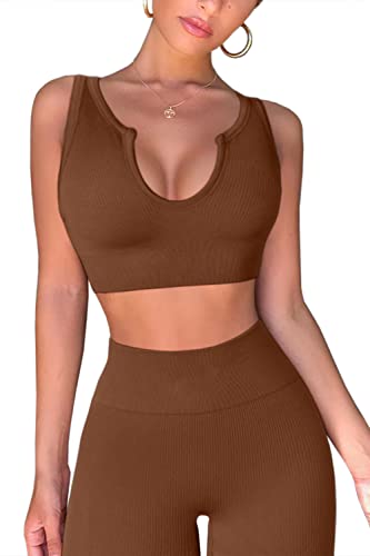 QINSEN Workout Outfits for Women 2 Piece Ribbed Seamless Crop Tank High Waist Yoga Leggings Sets Brown M - Image 3