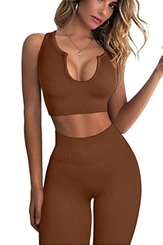 QINSEN Workout Outfits for Women 2 Piece Ribbed Seamless Crop Tank High Waist Yoga Leggings Sets Brown M - Image 5