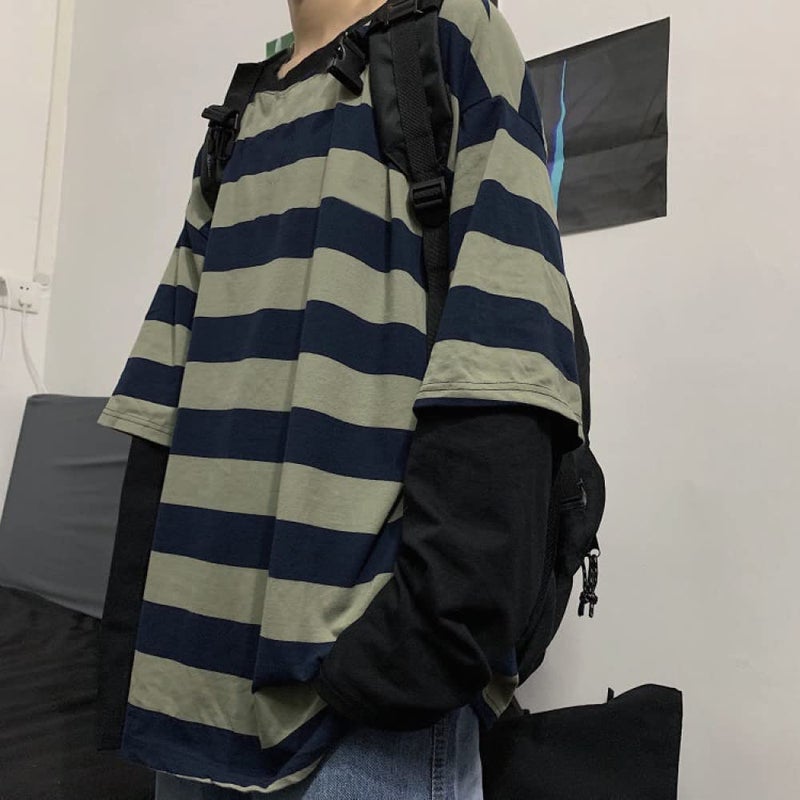 LAVASEON Harajuku Oversized Striped T-Shirt Long Sleeve Crew Neck Casual Matching Couple Streetwear Pullover Green - Image 4