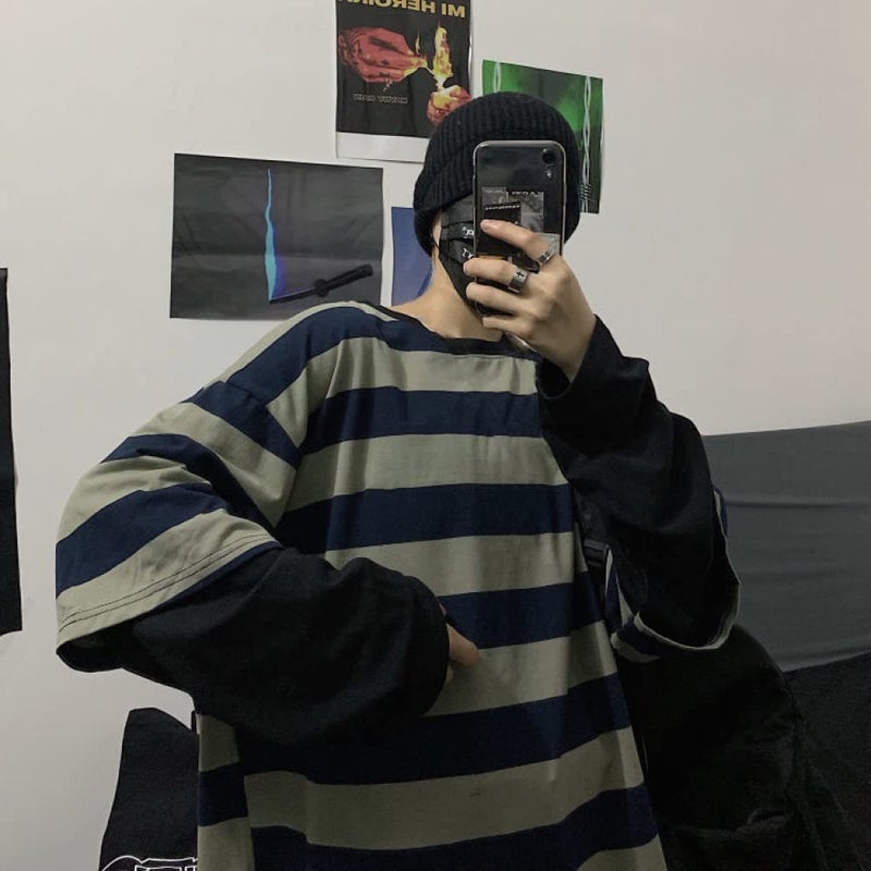 LAVASEON Harajuku Oversized Striped T-Shirt Long Sleeve Crew Neck Casual Matching Couple Streetwear Pullover Green - Image 3