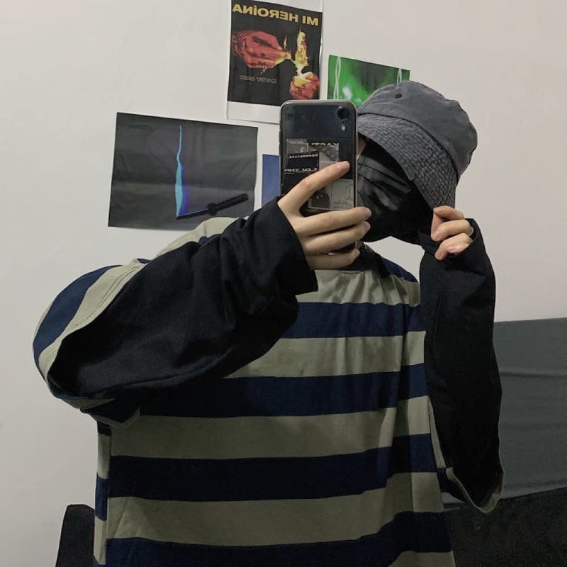 LAVASEON Harajuku Oversized Striped T-Shirt Long Sleeve Crew Neck Casual Matching Couple Streetwear Pullover Green - Image 5