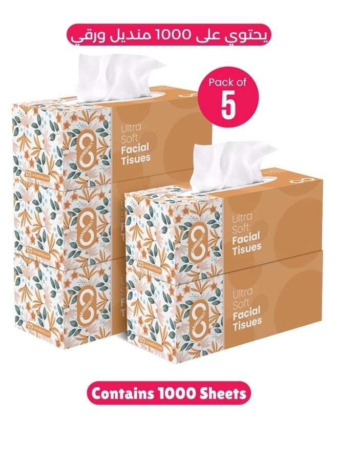 Facial Tissue Box - 5 Packs of 200 Sheets - Contains 1000 Premium 2 Ply Tissues 