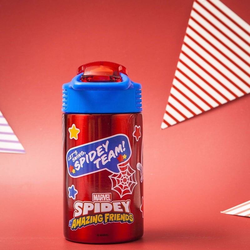 Zak Designs Marvel Spider-Man 18/8 Single Wall Stainless Steel Kids Water Bottle, Flip Straw Locking Spout Cover, Durable Cup for Sports or Travel (15.5oz, Non-BPA, Spidey and His Amazing Friends) - Image 3