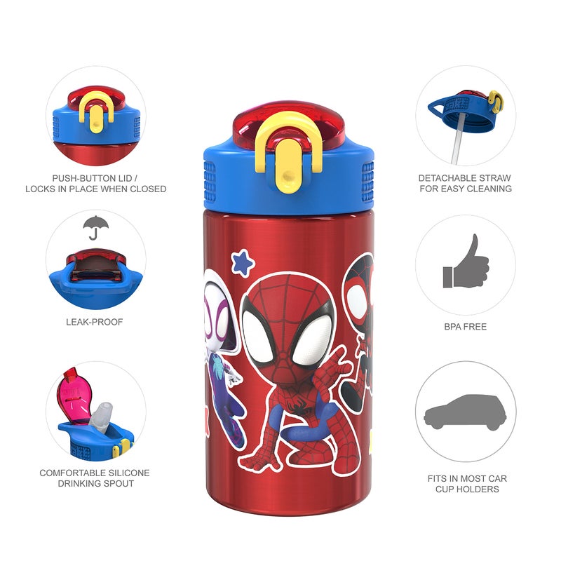 Zak Designs Marvel Spider-Man 18/8 Single Wall Stainless Steel Kids Water Bottle, Flip Straw Locking Spout Cover, Durable Cup for Sports or Travel (15.5oz, Non-BPA, Spidey and His Amazing Friends) - Image 4