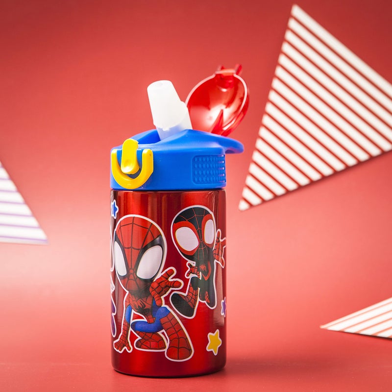 Zak Designs Marvel Spider-Man 18/8 Single Wall Stainless Steel Kids Water Bottle, Flip Straw Locking Spout Cover, Durable Cup for Sports or Travel (15.5oz, Non-BPA, Spidey and His Amazing Friends) - Image 2