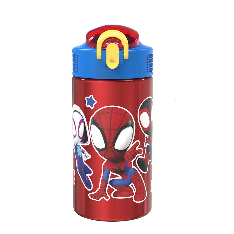 Zak Designs Marvel Spider-Man 18/8 Single Wall Stainless Steel Kids Water Bottle, Flip Straw Locking Spout Cover, Durable Cup for Sports or Travel (15.5oz, Non-BPA, Spidey and His Amazing Friends) - Image 1