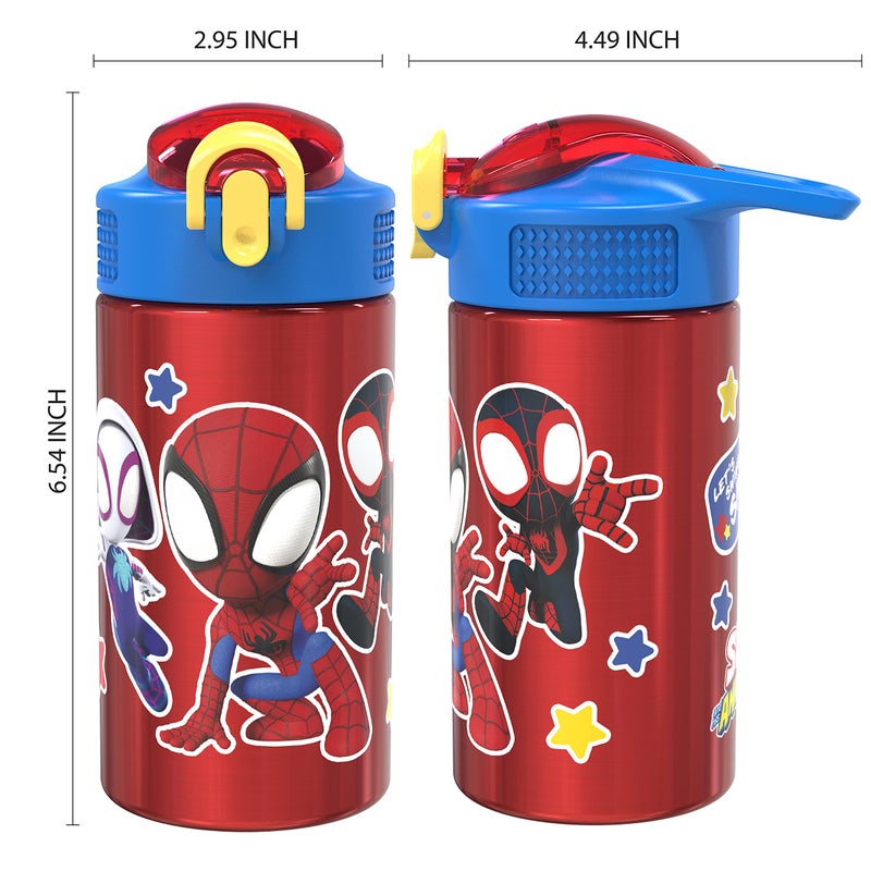 Zak Designs Marvel Spider-Man 18/8 Single Wall Stainless Steel Kids Water Bottle, Flip Straw Locking Spout Cover, Durable Cup for Sports or Travel (15.5oz, Non-BPA, Spidey and His Amazing Friends) - Image 5