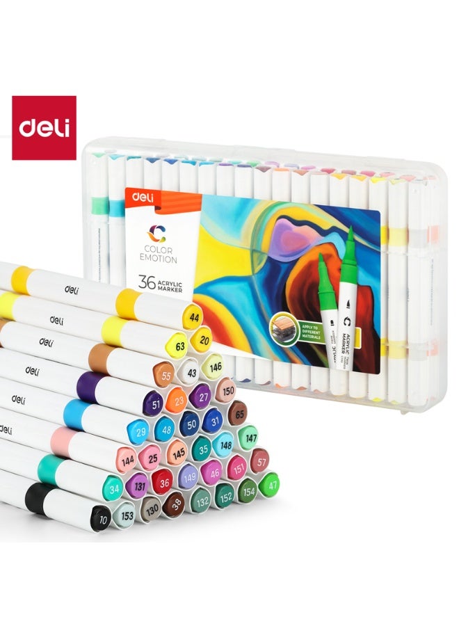 Deli EC190-36 COLOR EMOTION Round Barrel Acrylic Marker – 36 Colors, Brush & Round Tip – Ideal for Artists & Designers - Image 1