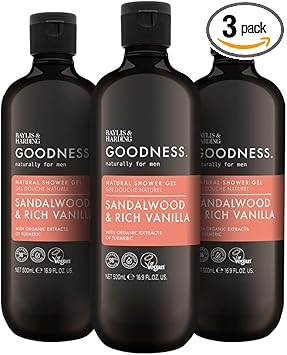 Baylis & Harding جيل استحمام طبيعي من بايليس هاردينغ غودنس للرجال برائحة خشب الصندل والفانيليا 500 مل عبوة من 3 صديقة للنباتيين - Image 1