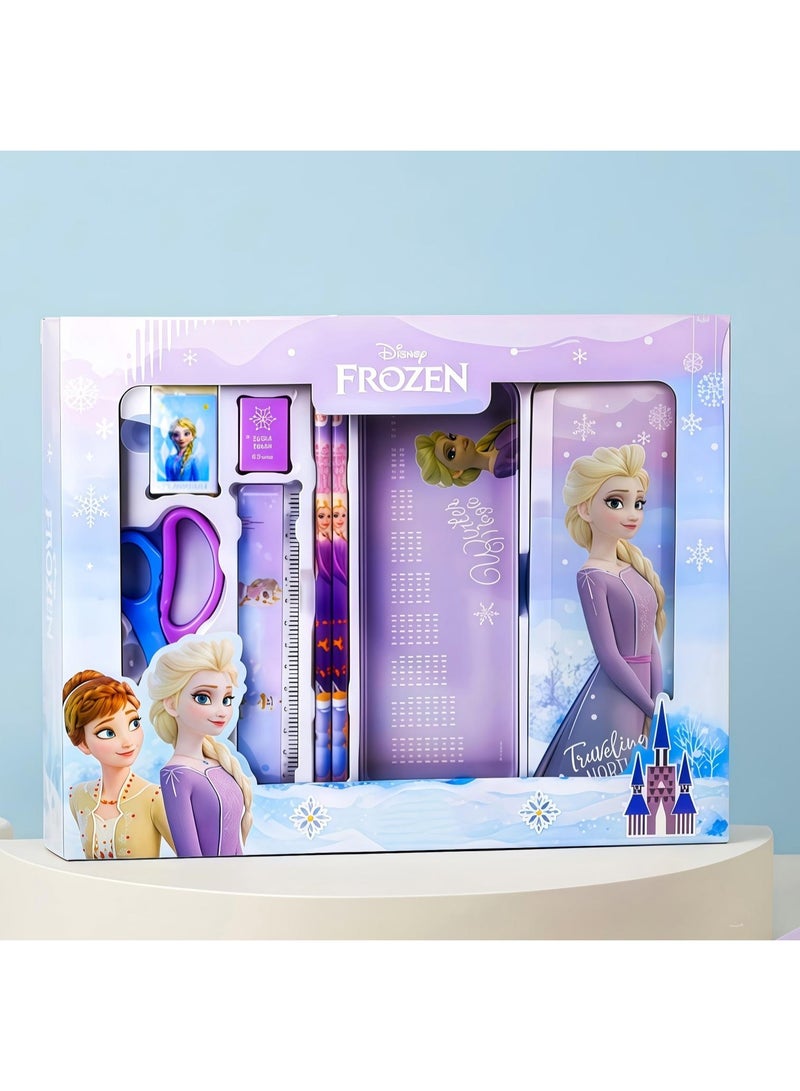Disney Frozen Stationery Gift Box for Kids, 7 In 1 All-in-One Frozen School Supply Kit with Multi-Function Metal Pencil Case, Elsa Stationery Present for Boys Girls Back to School Eid Ramadan Classroom Mosque Craft Use - Image 1