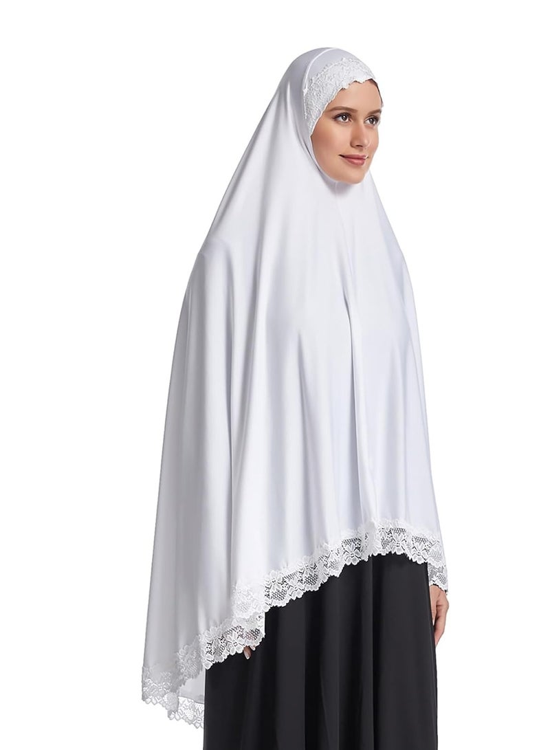 KASTWAVE حجاب نسائي مسلم مقاس كبير من الدانتيل الناعم وشاح حجاب طويل خفيف الوزن بلون سادة (أبيض) - Image 5