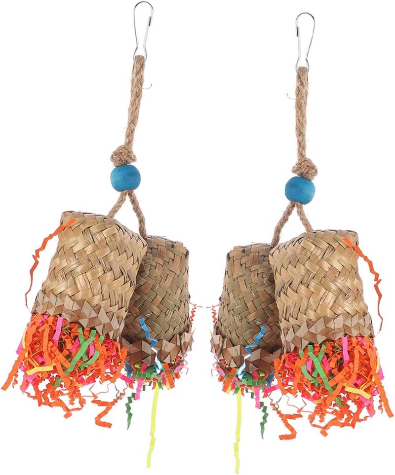 2pcs Parrot Foraging Hanging Natural Palm Leaf Shredding Chew Cage Accessory Bright Color Safe Bird Entertainment for Parrots 2pcs - Image 1