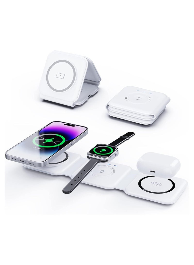 توتو شاحن لاسلكي 3 في 1 من TOTU، محور شحن مغناطيسي قابل للطي لسلسلة iPhone 14/13/12، وAirPods 3/2/Pro، وiWatch - شاحن سفر لأجهزة متعددة (أبيض)  - Image 1
