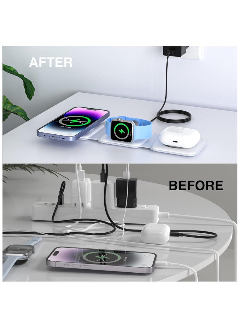 توتو شاحن لاسلكي 3 في 1 من TOTU، محور شحن مغناطيسي قابل للطي لسلسلة iPhone 14/13/12، وAirPods 3/2/Pro، وiWatch - شاحن سفر لأجهزة متعددة (أبيض)  - Image 3