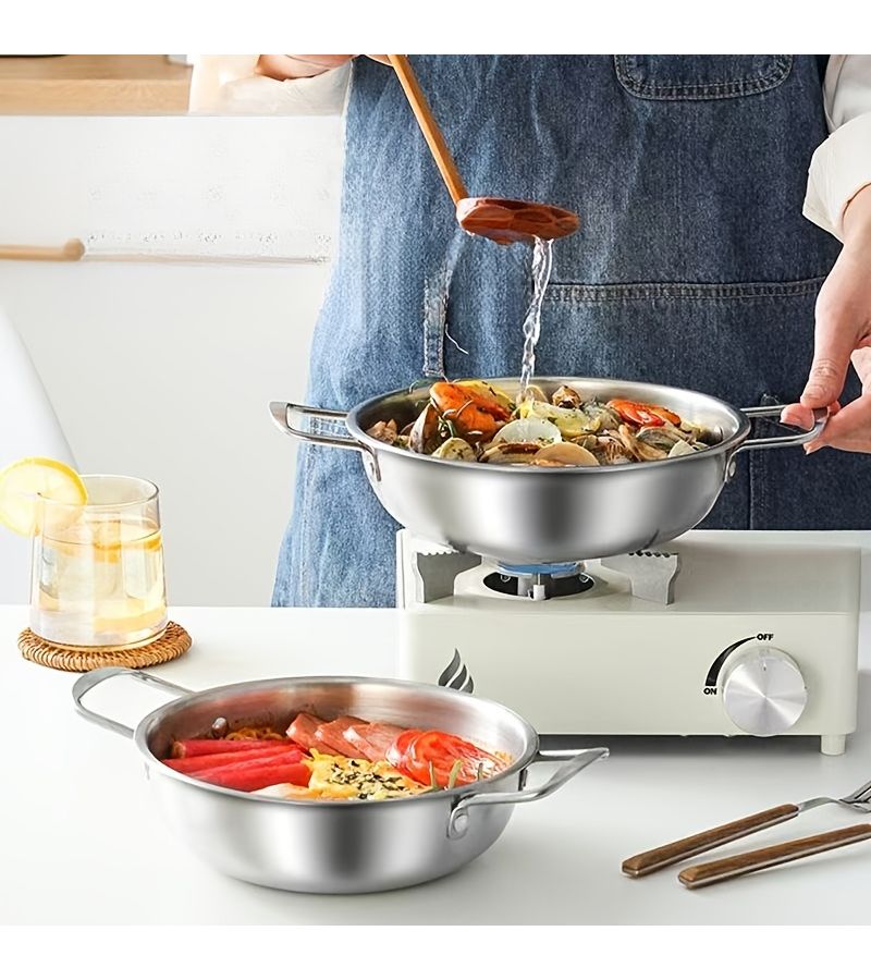 A Silvery Stainless Steel Stock Pot With Dual Handles Non Stick Frying Pan And Instant Noodle Pot Suitable For Cooking Pizza Hot Pot And Stir Frying Dishwasher Safe And Compatible With All Stovetops Durable Cookware For Soup Ramen And Seafood - Image 2