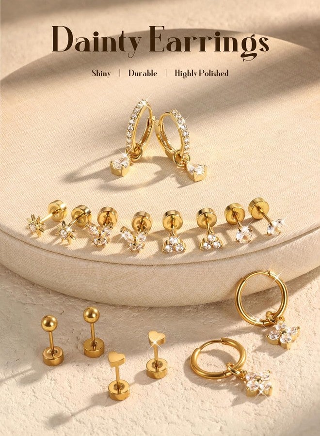 Jstyle Small Gold Stud Hoop Earrings for Women 14K Gold Hypoallergenic Surgical Steel Earrings for Sensitive Ears Trendy Flat Back Cartilage Earring Stacks with Charms for Multiple Piercing Jewelry - Image 3