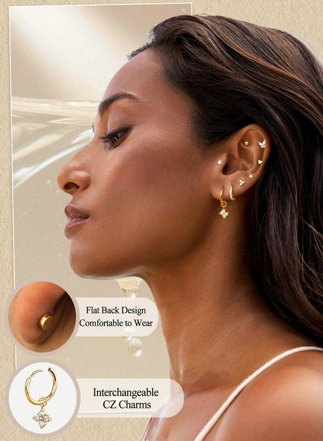 Jstyle Small Gold Stud Hoop Earrings for Women 14K Gold Hypoallergenic Surgical Steel Earrings for Sensitive Ears Trendy Flat Back Cartilage Earring Stacks with Charms for Multiple Piercing Jewelry - Image 2
