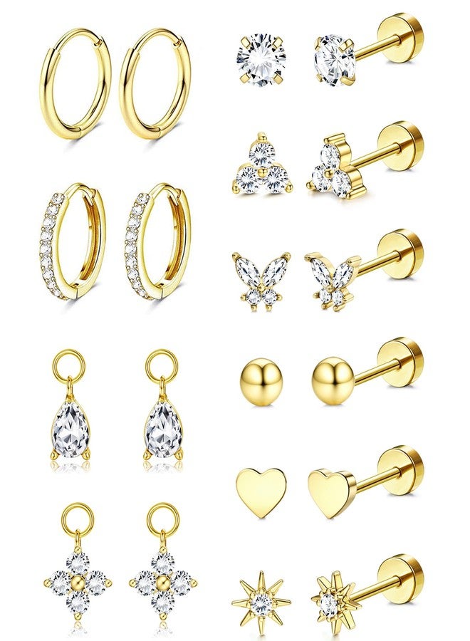 Jstyle Small Gold Stud Hoop Earrings for Women 14K Gold Hypoallergenic Surgical Steel Earrings for Sensitive Ears Trendy Flat Back Cartilage Earring Stacks with Charms for Multiple Piercing Jewelry - Image 1