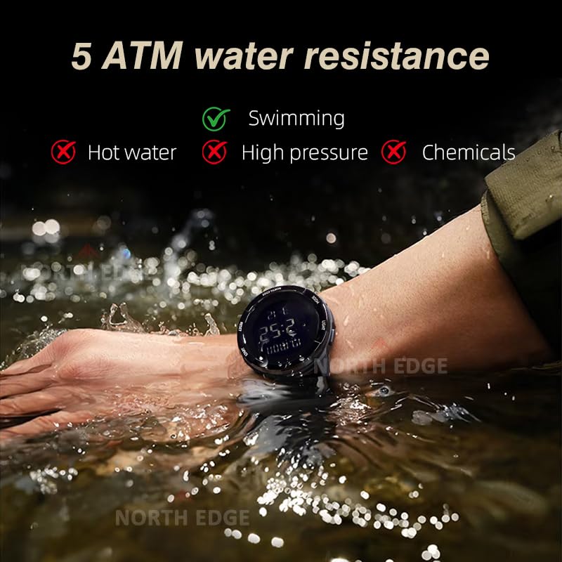 North Edge TERRAX Outdoor Adventure Ready Watch – Military Grade Glow Digital Watch with 5ATM Water Resistance, Lightweight, Stopwatch, Dual Time, Countdown Timer & Alarm for Hiking Travel Camping (Green) - Image 5