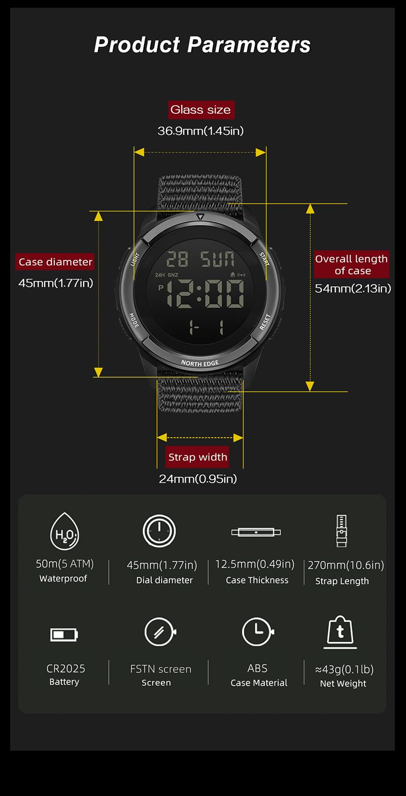 North Edge TERRAX Outdoor Adventure Ready Watch – Military Grade Glow Digital Watch with 5ATM Water Resistance, Lightweight, Stopwatch, Dual Time, Countdown Timer & Alarm for Hiking Travel Camping (Green) - Image 4