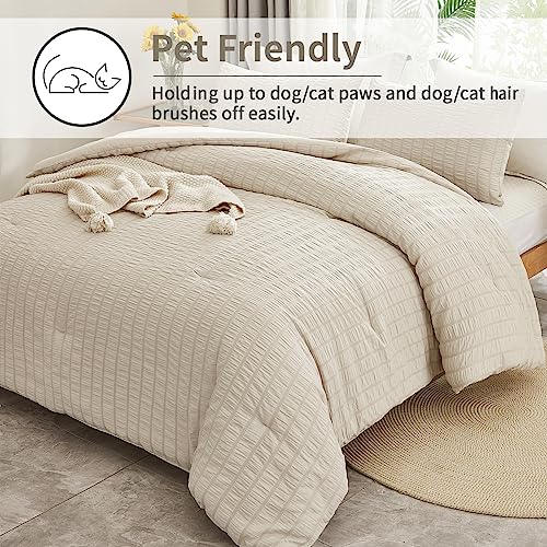 AveLom Beige Seersucker Full Comforter Set (80x90 inches), 3 Pieces-100% Soft Washed Microfiber Lightweight Comforter with 2 Pillowcases, All Season Down Alternative Comforter Set for Bedding - Image 3