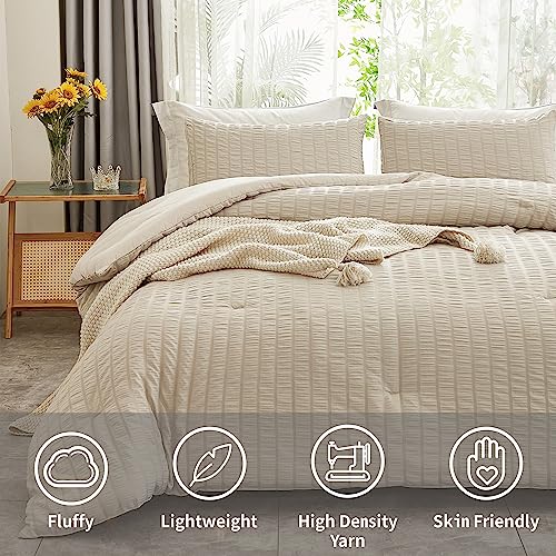 AveLom Beige Seersucker Full Comforter Set (80x90 inches), 3 Pieces-100% Soft Washed Microfiber Lightweight Comforter with 2 Pillowcases, All Season Down Alternative Comforter Set for Bedding - Image 2