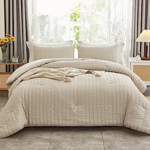 AveLom Beige Seersucker Full Comforter Set (80x90 inches), 3 Pieces-100% Soft Washed Microfiber Lightweight Comforter with 2 Pillowcases, All Season Down Alternative Comforter Set for Bedding - Image 1