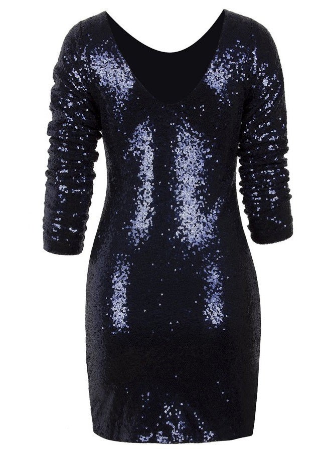 Vijiv Women's Sparkle Glitzy Glam Sequin Long Sleeve Flapper Party Club Dress, Multicolor Navy, L - Image 3