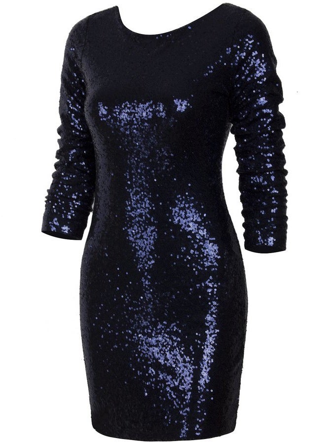 Vijiv Women's Sparkle Glitzy Glam Sequin Long Sleeve Flapper Party Club Dress, Multicolor Navy, L - Image 2