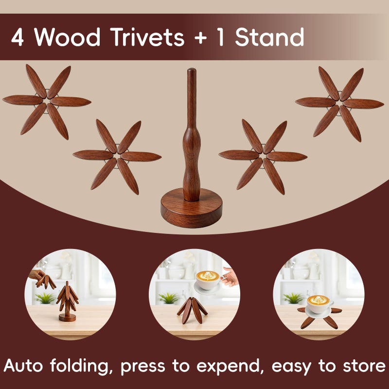 seektik Wooden Trivets for Hot Dishes, Wooden Tree Trivet Set, Natural Tree Trivet Set - Foldable Coasters for Kitchen Counter, Hot Pots and Pans, Heat Resistant Table Protectors - Image 2
