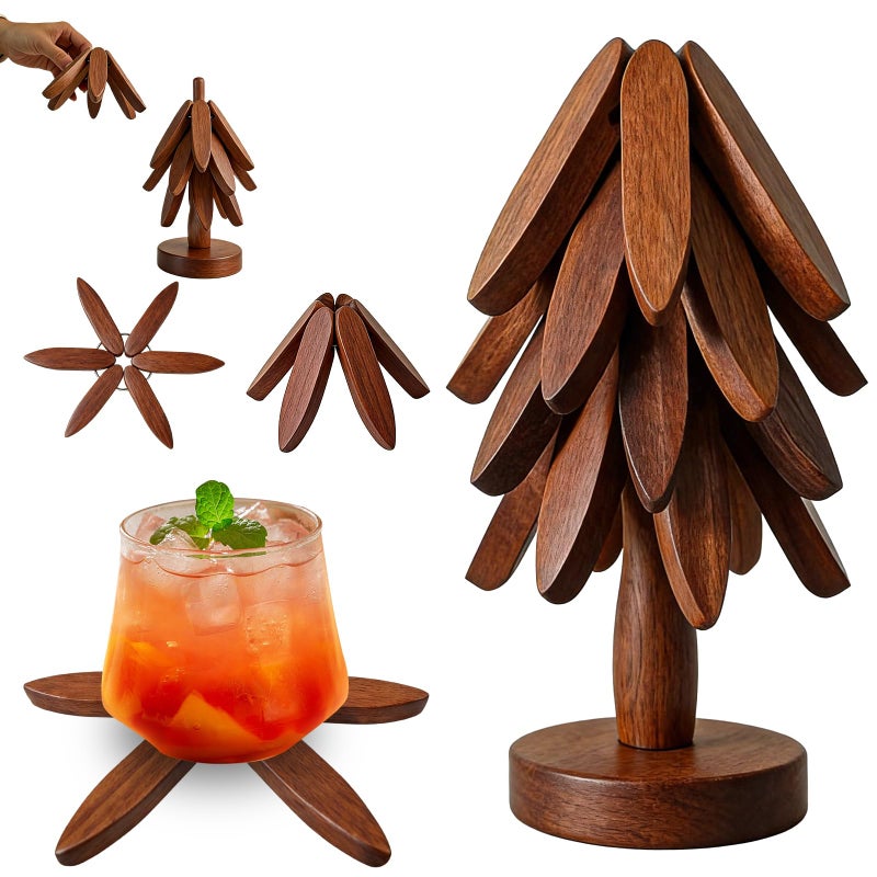 seektik Wooden Trivets for Hot Dishes, Wooden Tree Trivet Set, Natural Tree Trivet Set - Foldable Coasters for Kitchen Counter, Hot Pots and Pans, Heat Resistant Table Protectors - Image 1