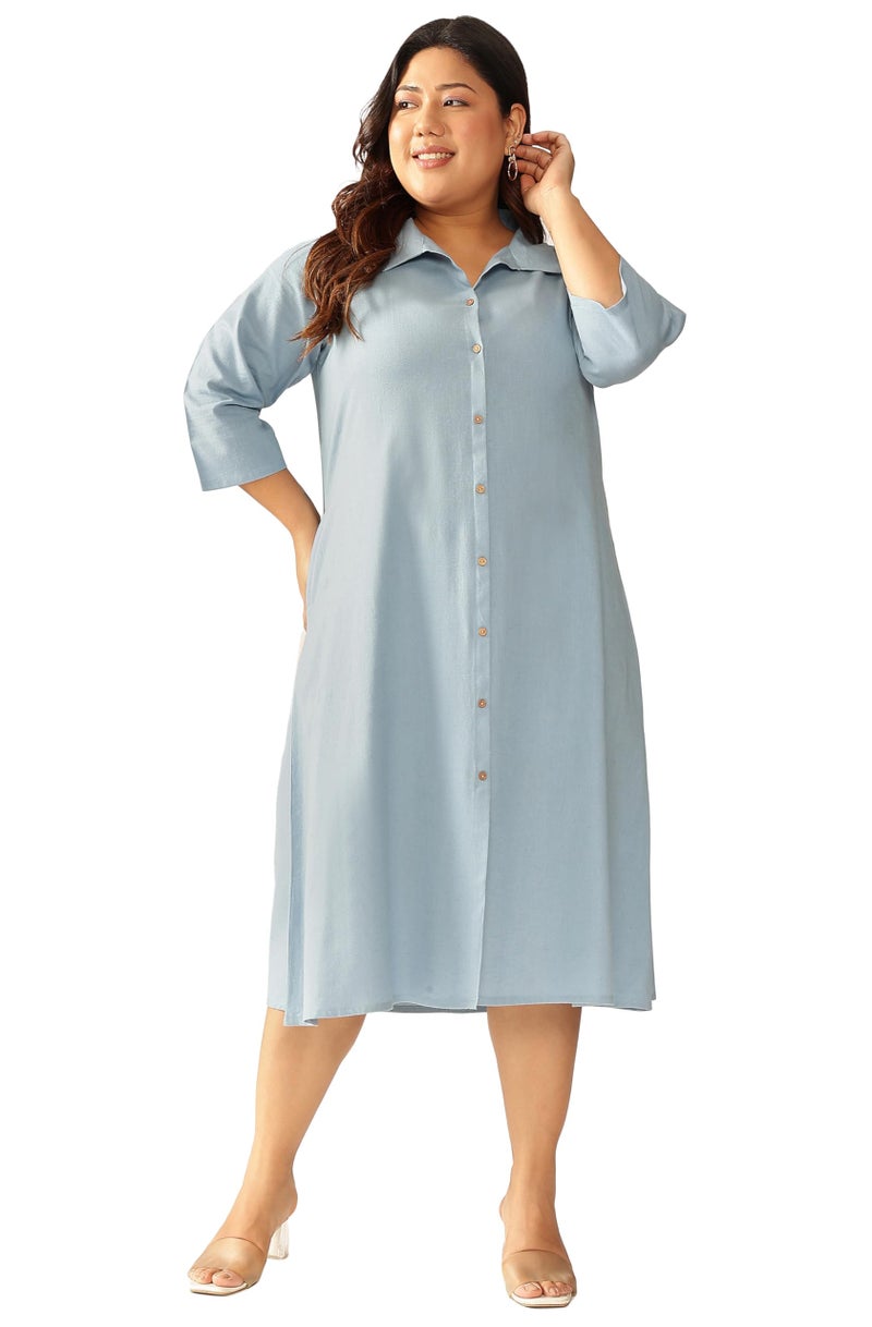 Janasya Women's Plus Size Light Blue Linen Cotton Solid Button Down Shirt Style A-line Dress - Image 1