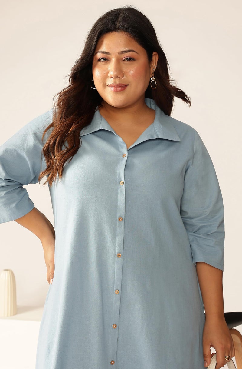 Janasya Women's Plus Size Light Blue Linen Cotton Solid Button Down Shirt Style A-line Dress - Image 2