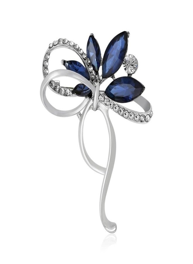 Dtja Rhinestone Flower Ribbon Bow Brooch Pin for Women Elegant Oval Crystal Bowknot Brooches Lapel Pins Hat Bat Suit Dress Accessories Christmas Wedding Festival Ornament Jewelry (Silver-Tone Blue) - Image 1