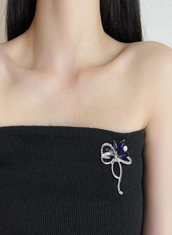 Dtja Rhinestone Flower Ribbon Bow Brooch Pin for Women Elegant Oval Crystal Bowknot Brooches Lapel Pins Hat Bat Suit Dress Accessories Christmas Wedding Festival Ornament Jewelry (Silver-Tone Blue) - Image 2