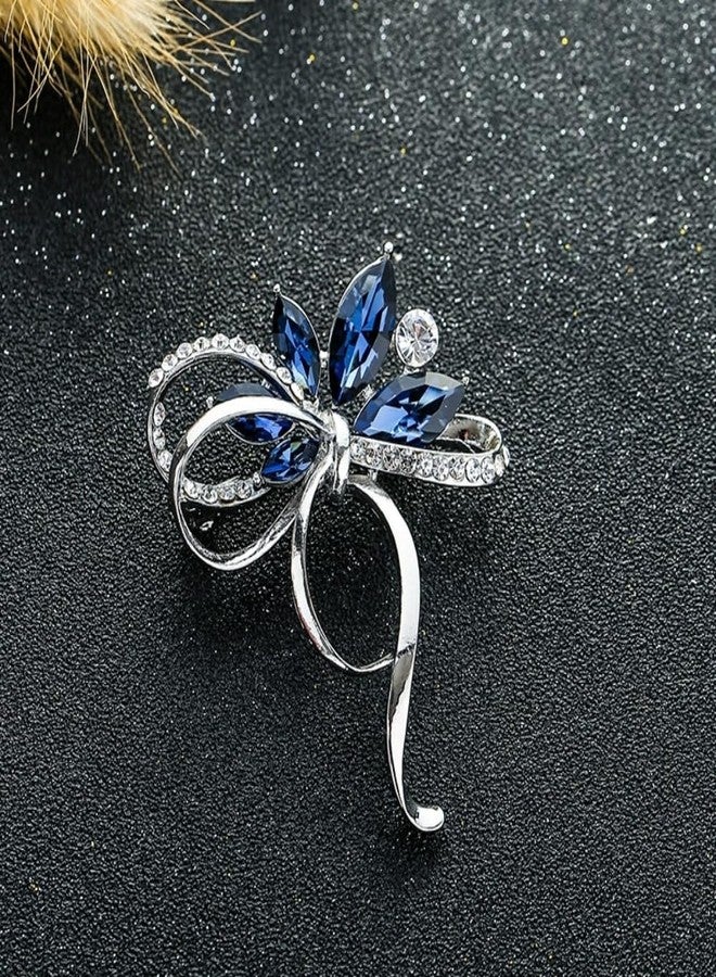 Dtja Rhinestone Flower Ribbon Bow Brooch Pin for Women Elegant Oval Crystal Bowknot Brooches Lapel Pins Hat Bat Suit Dress Accessories Christmas Wedding Festival Ornament Jewelry (Silver-Tone Blue) - Image 4