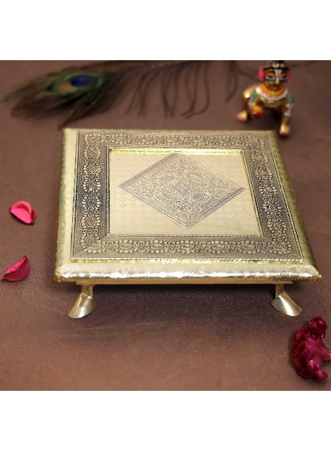 Aksharveda Traditional and Authentic Brass Pooja Chowki | Spiritual and Prayer Platform – Multicolor (8 inch) - Image 4