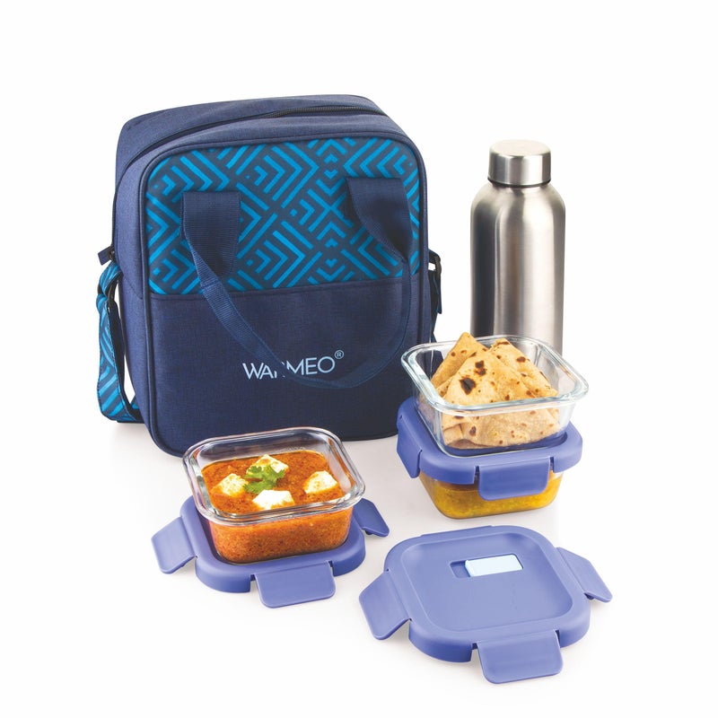WARMEO BOROFRESH Set of 4 Borosilicate Glass Tiffin (3 Square Container,325ml Each + 1 Steel Bottle 750 ml)| Leakproof, Microwave & Dishwasher Safe Lunch Box with Bag for Office, College & School - Image 5