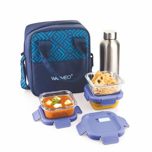 WARMEO BOROFRESH Set of 4 Borosilicate Glass Tiffin (3 Square Container,325ml Each + 1 Steel Bottle 750 ml)| Leakproof, Microwave & Dishwasher Safe Lunch Box with Bag for Office, College & School - Image 1