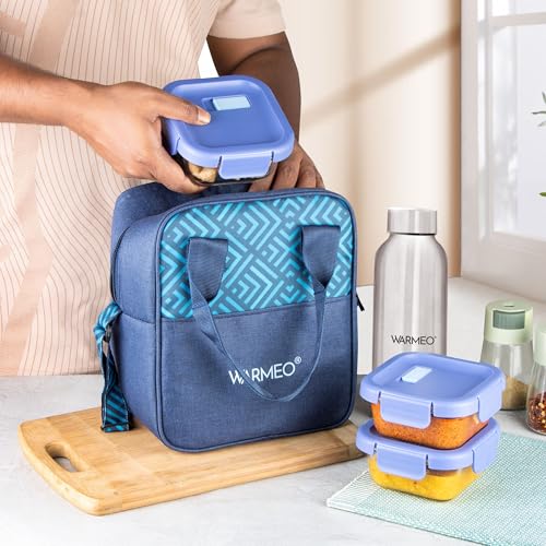 WARMEO BOROFRESH Set of 4 Borosilicate Glass Tiffin (3 Square Container,325ml Each + 1 Steel Bottle 750 ml)| Leakproof, Microwave & Dishwasher Safe Lunch Box with Bag for Office, College & School - Image 3